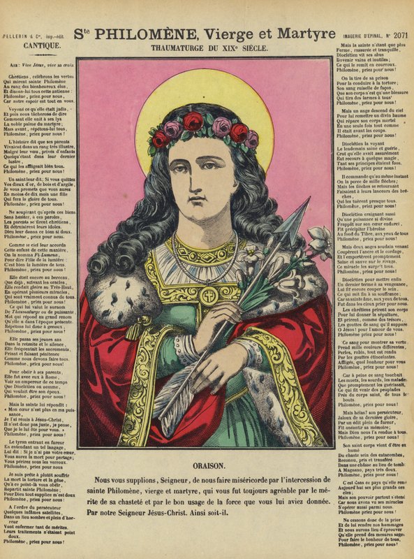 Sint Philomena, maagd en martelares (kleurenlitho) door French School