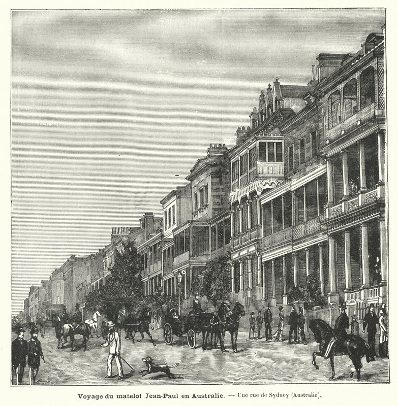 Straat in Sydney, New South Wales, Australië (gravure) door French School