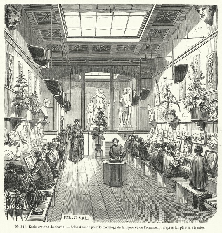 Studenten in een klas in een gratis tekenschool, Frankrijk (gravure) door French School