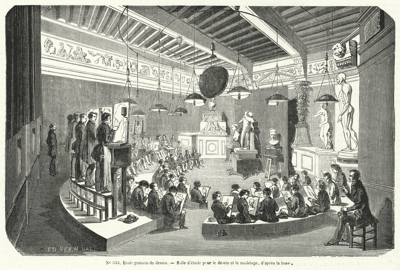 Studenten in een klas in een vrije tekenschool, Frankrijk door French School