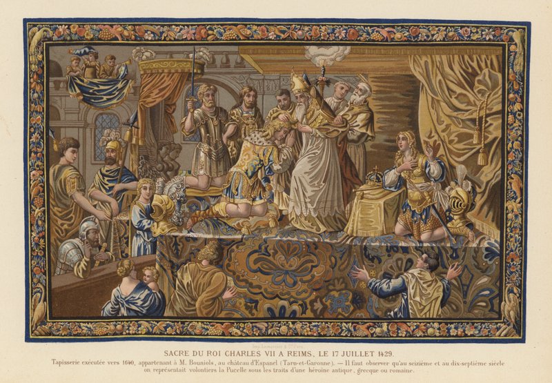 Tapijt met de kroning van koning Karel VII van Frankrijk, Reims door French School