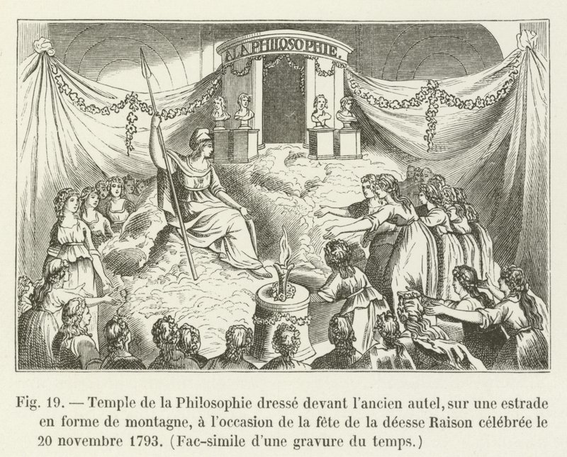 Tempel van de Filosofie opgericht voor het oude altaar, op een podium in de vorm van een berg, ter gelegenheid van het feest van de godin Rede gevierd op 20 november 1793, Facsimile van een gravure uit die tijd door French School