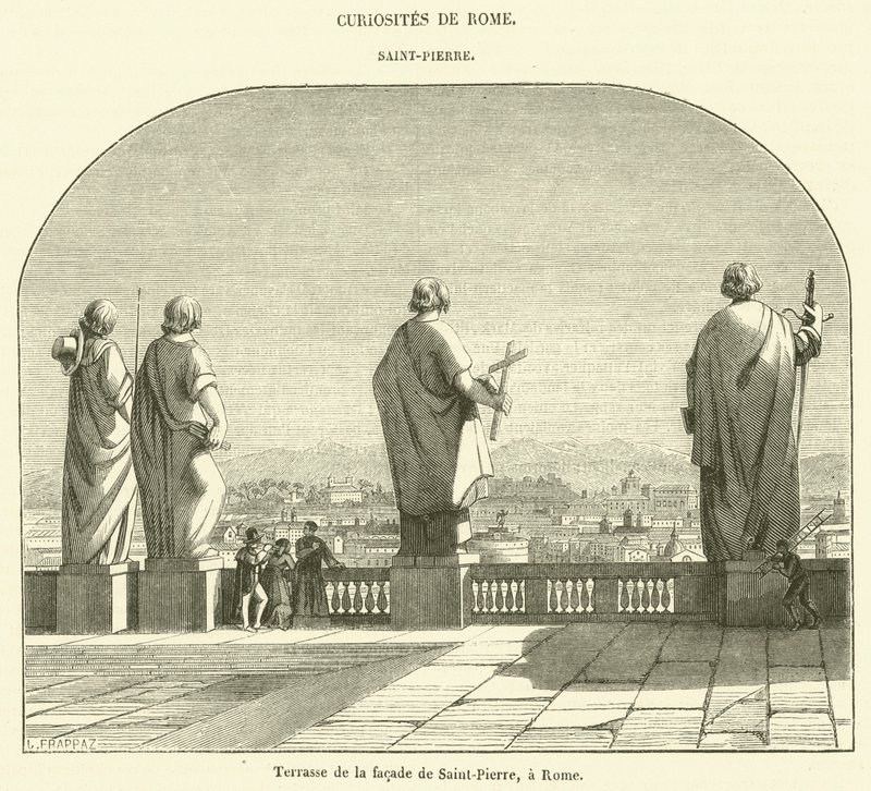 Terras op de gevel van de Sint Pieter, Rome (gravure) door French School