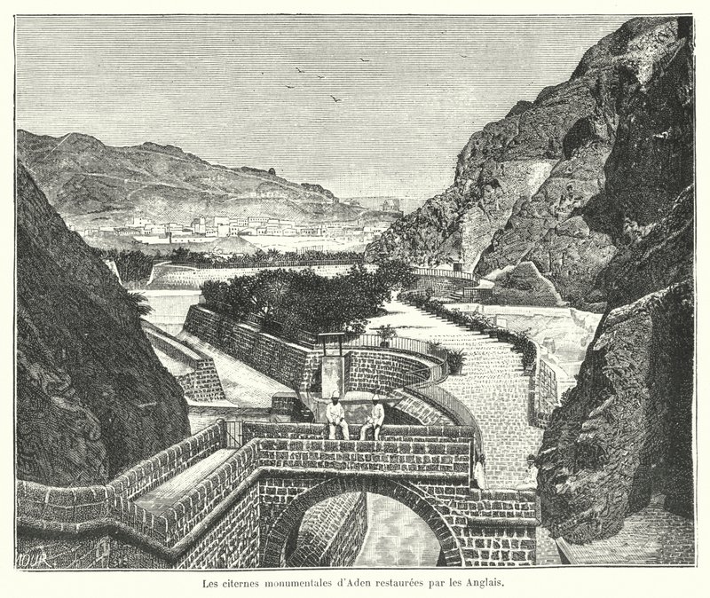 De cisterne van Tawila, Aden, gerestaureerd door de Britten door French School