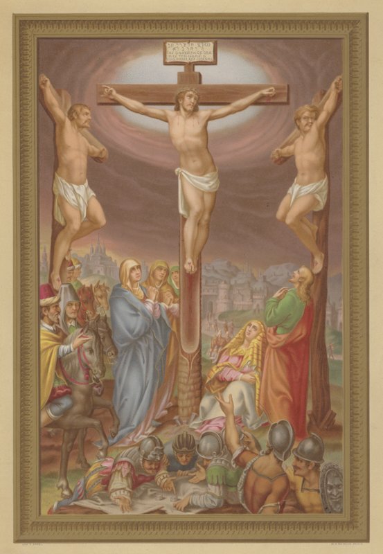 De kruisiging (chromolitho) door French School