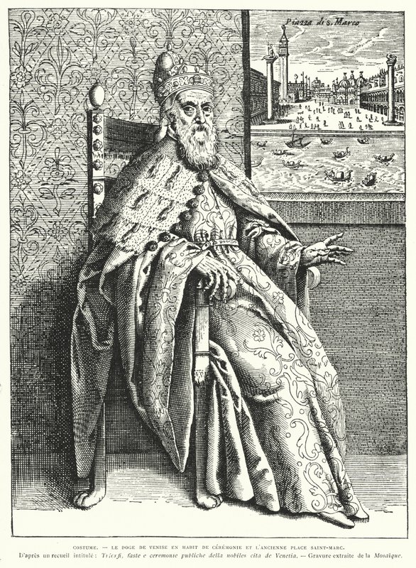 De Doge van Venetië in zijn ceremoniële gewaden, en het oude San Marcoplein door French School