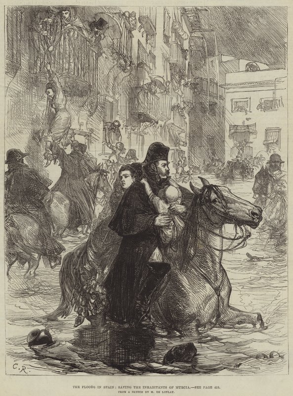 De Overstromingen in Spanje, het redden van de inwoners van Murcia (gravure) door French School
