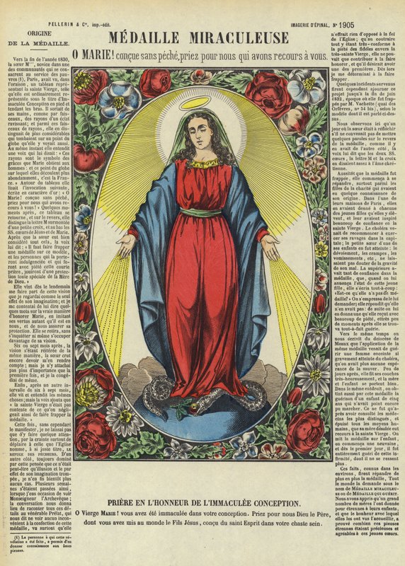 De Maagd Maria en de Wonderdadige Medaille (kleurenlitho) door French School
