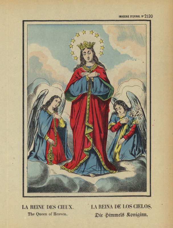 De maagd Maria, de koningin van de hemel (kleurenlitho) door French School