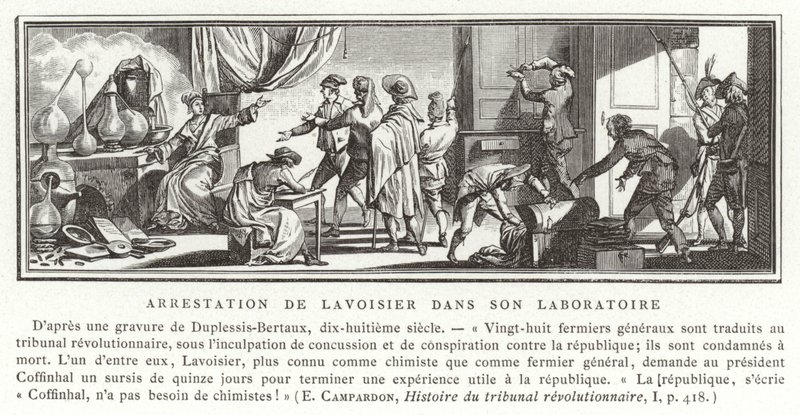 De arrestatie van Antoine Lavoisier in zijn laboratorium, 1794 door French School
