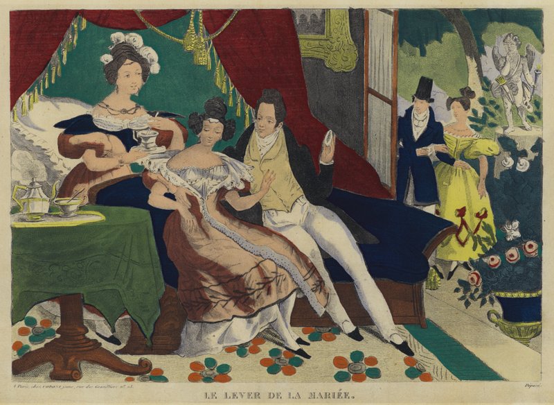 De bruid staat op in de ochtend (kleurenlitho) door French School