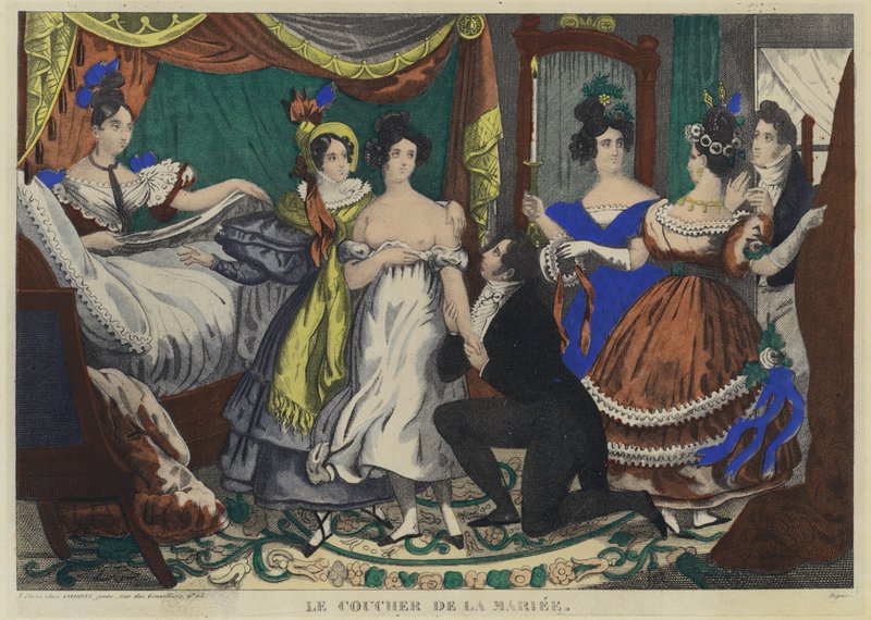 De bedtijd van de bruid (kleurenlitho) door French School