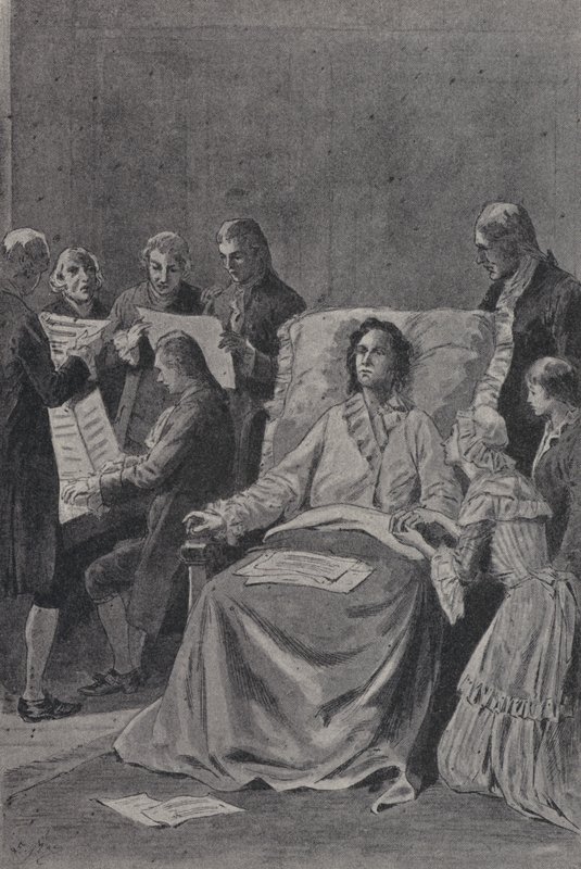 De stervende Wolfgang Amadeus Mozart luistert naar zijn vrienden die zijn cantate In Praise of Friendship uitvoeren (gravure) door French School