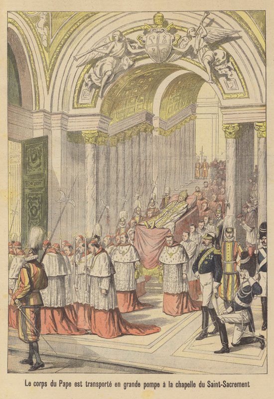 De begrafenis van paus Leo XIII (kleurenlitho) door French School
