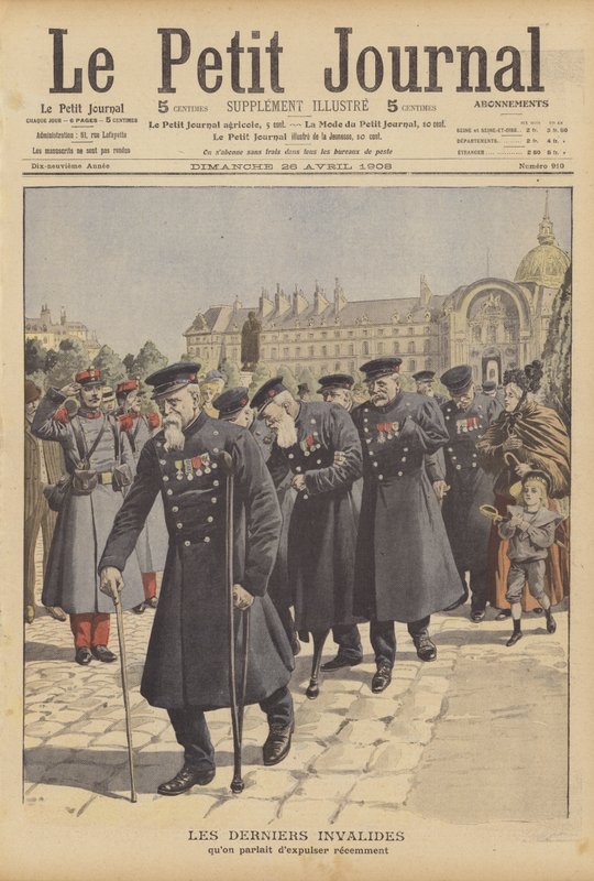 De laatste oorlogsveteranen van het Hotel des Invalides, Parijs (kleurenlitho) door French School