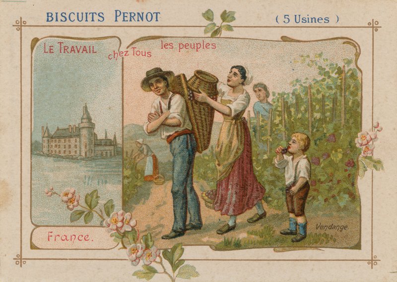 Het werk van het volk illustratie op een koekjeslabel door French School