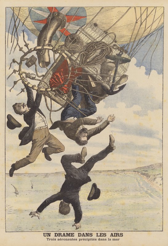 Drie Italiaanse ballonvaarders die in zee vallen (kleurenlitho) door French School