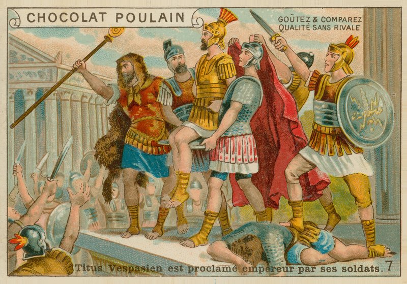 Titus wordt uitgeroepen tot Keizer, Chocolat Poulain handelskaart door French School