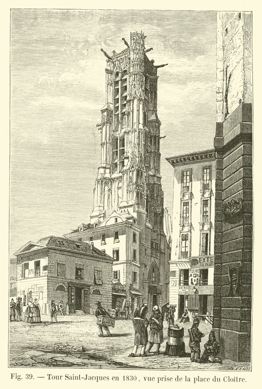 Saint-Jacques toren in 1830, zicht vanaf de place du Cloître door French School
