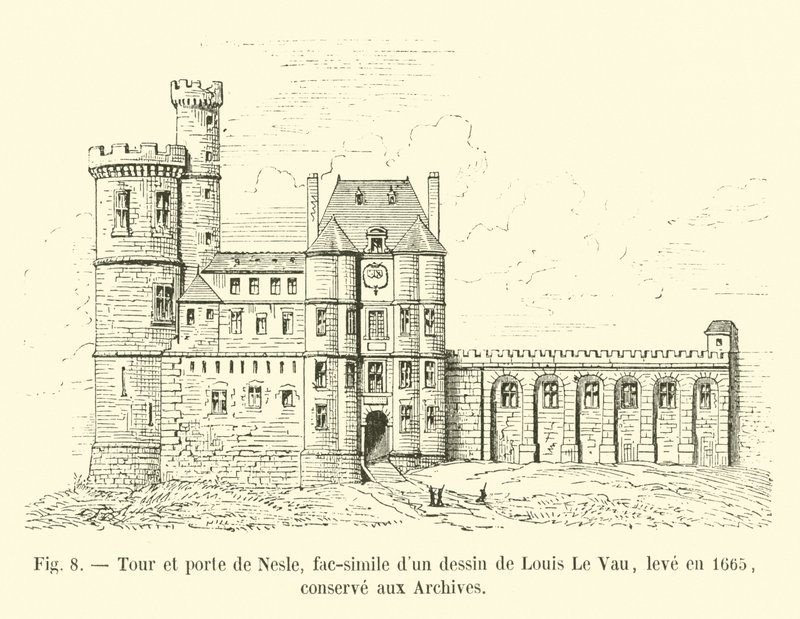 Toren en poort van Nesle, fac-simile van een tekening van Louis Le Vau, gemaakt in 1665, bewaard in de archieven door French School