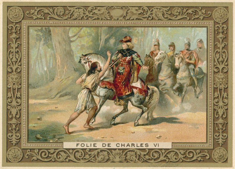 Handelskaart met een afbeelding van een aanval op koning Karel VI van Frankrijk door French School