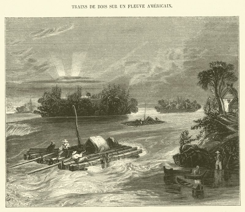 Houtvlotten op een Amerikaanse rivier (gravure) door French School