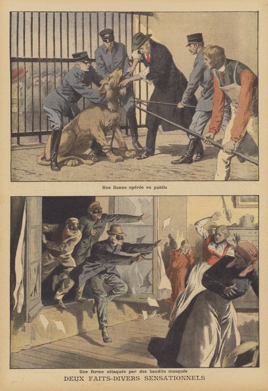 Twee sensationele nieuwsberichten (kleurenlitho) door French School