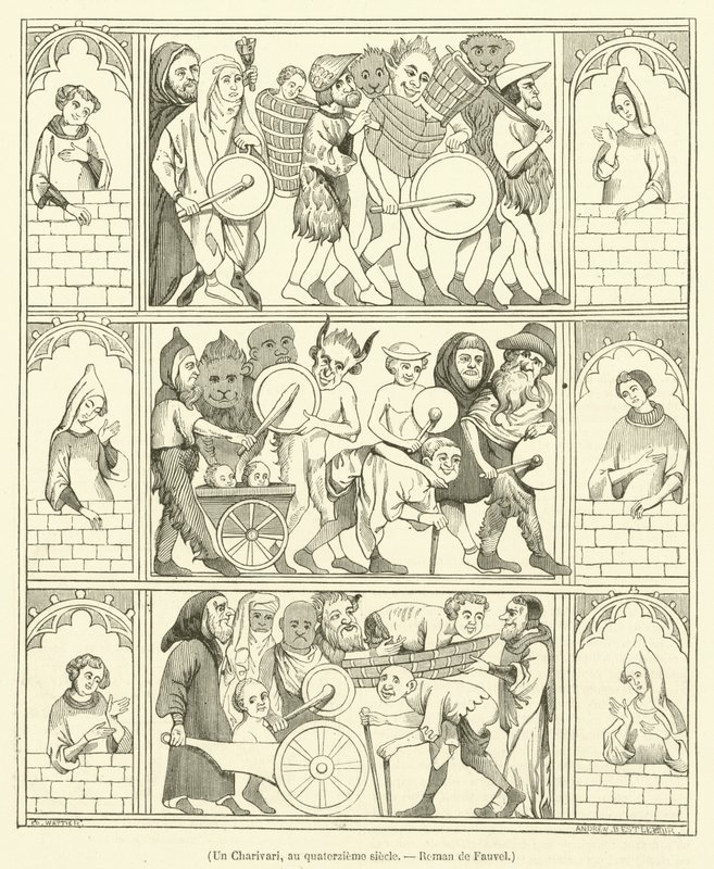 Un Charivari, au quatorzieme siecle, Roman de Fauvel (gravure) door French School