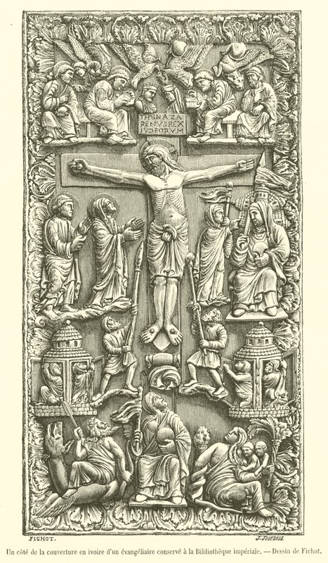 Een zijde van de ivoren omslag van een evangelieboek bewaard in de keizerlijke bibliotheek door French School