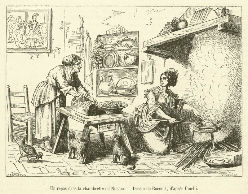 Een maaltijd in het kamertje van Nuccia (gravure) door French School