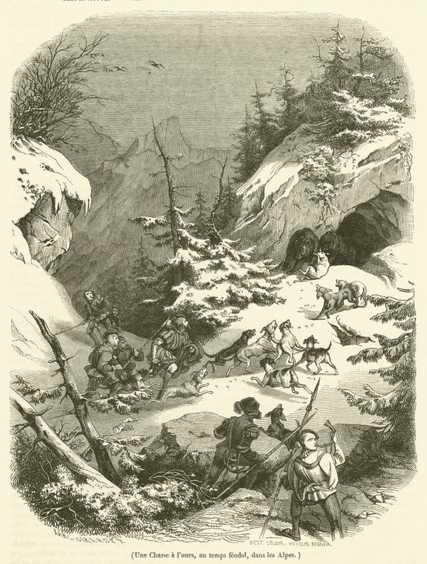 Een berenjacht, in de feodale tijd, in de Alpen door French School