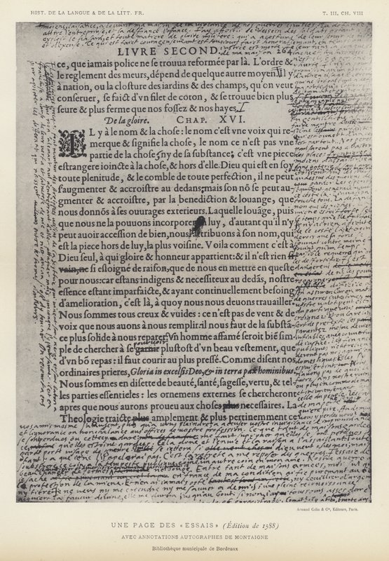 Een pagina uit de Essais, editie van 1588, met handgeschreven aantekeningen van Montaigne (litho) door French School