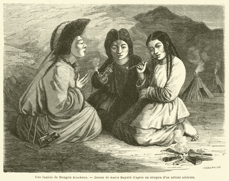 Een familie van Khalkha-Mongolen (gravure) door French School
