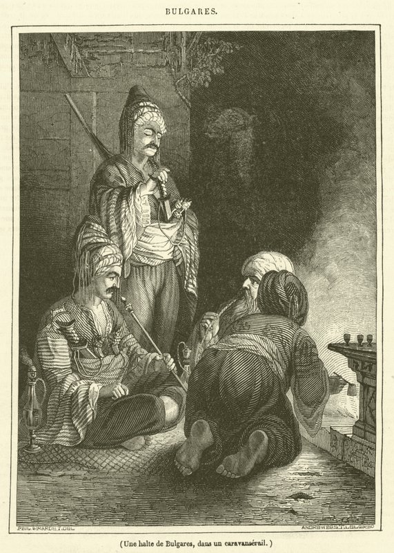 Bulgaren stoppen in een karavanserail (gravure) door French School