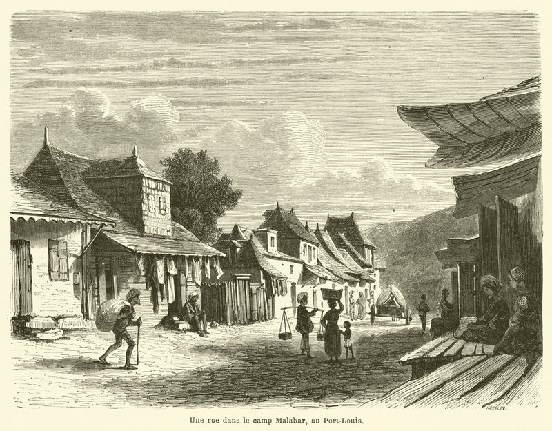 Een straat in het Malabarkamp, in Port-Louis door French School