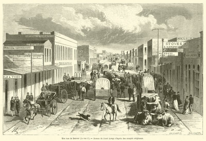 Een straat in Denver, de F-straat (gravure) door French School