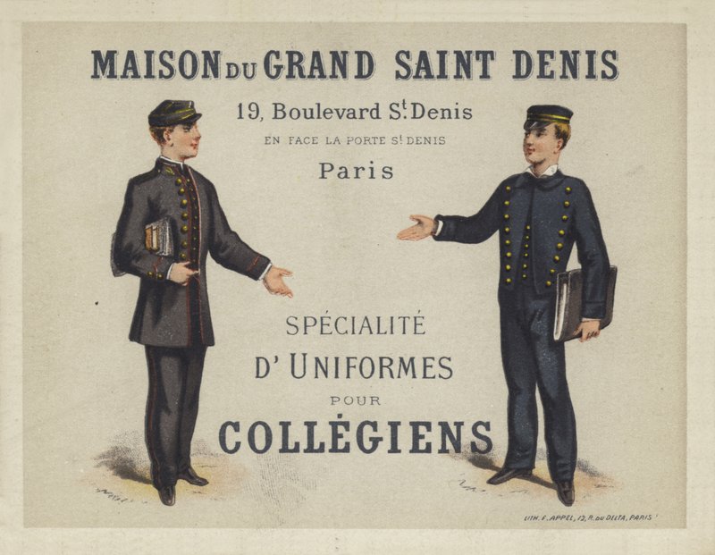 Uniformen voor Franse Collegiens, advertentie voor Maison du Grand Saint Dennis door French School