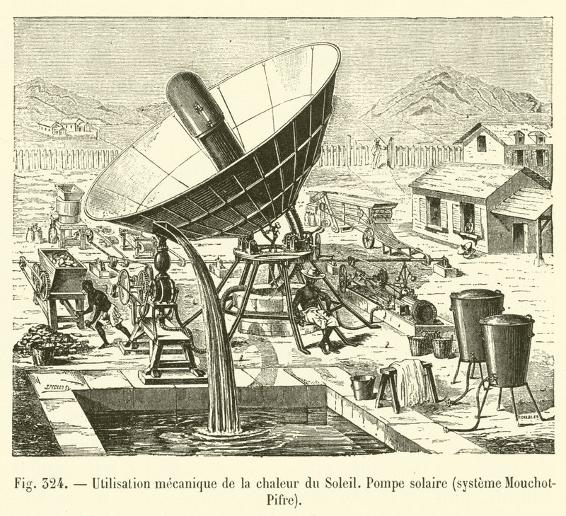 Mechanisch gebruik van zonnewarmte, Zonnepomp, systeem Mouchot-Pifre door French School