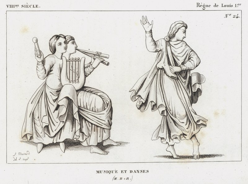 8e eeuw, Regeerperiode van Lodewijk I, Muziek en dansen (gravure) door French School
