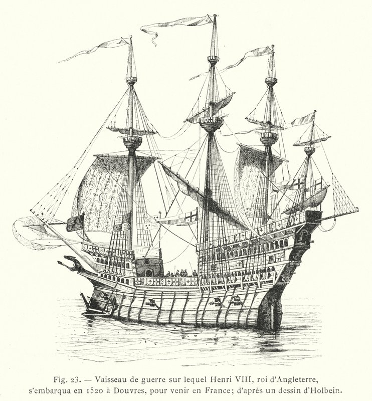 Oorlogsschip waarop Hendrik VIII, koning van Engeland, in 1520 in Dover inscheepte om naar Frankrijk te gaan; naar een tekening van Holbein door French School