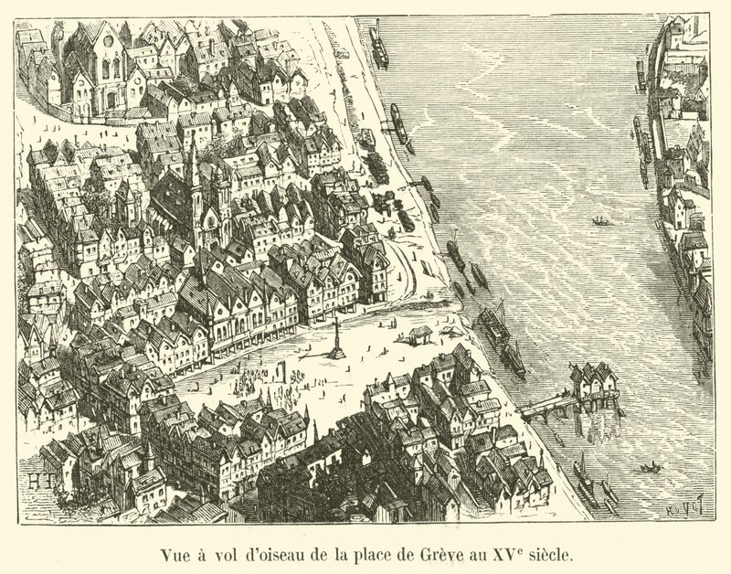 Vogelvlucht van de Place de Greve in de 15e eeuw door French School