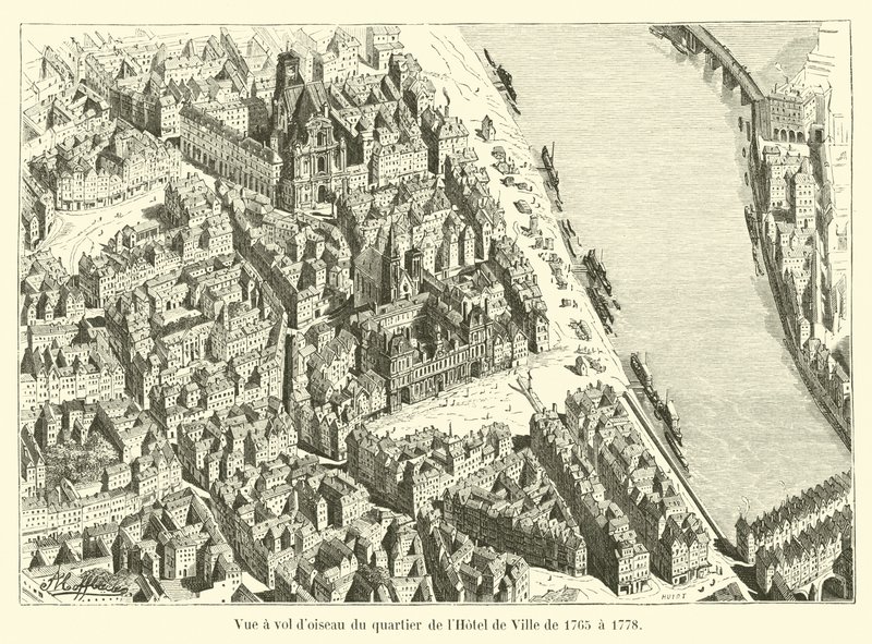 Vogelvlucht van de wijk van het stadhuis van 1765 tot 1778 door French School