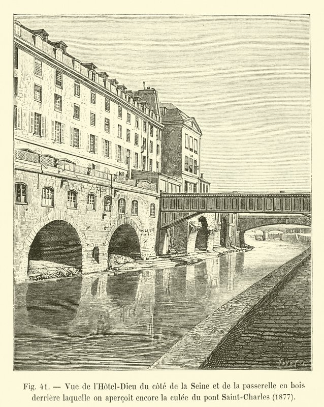 Uitzicht op het Hotel-Dieu vanaf de kant van de Seine en de houten loopbrug waarachter nog de pijler van de Saint-Charles brug te zien is, 1877 door French School