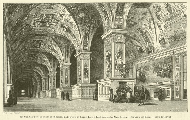 Uitzicht op de Bibliotheek van het Vaticaan in de achttiende eeuw (gravure) door French School