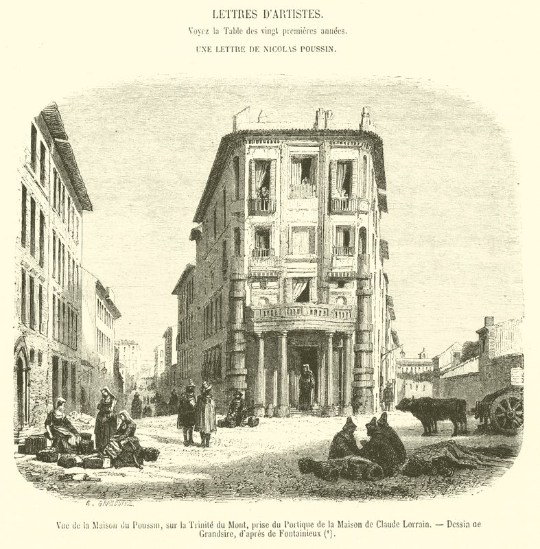 Uitzicht op het Huis van Poussin, op de Triniteit van de Berg, gezien vanaf de Portiek van het Huis van Claude Lorrain door French School