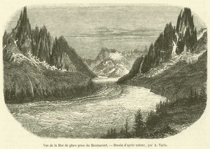 Uitzicht op de Mer de Glace vanaf Montanvert (gravure) door French School