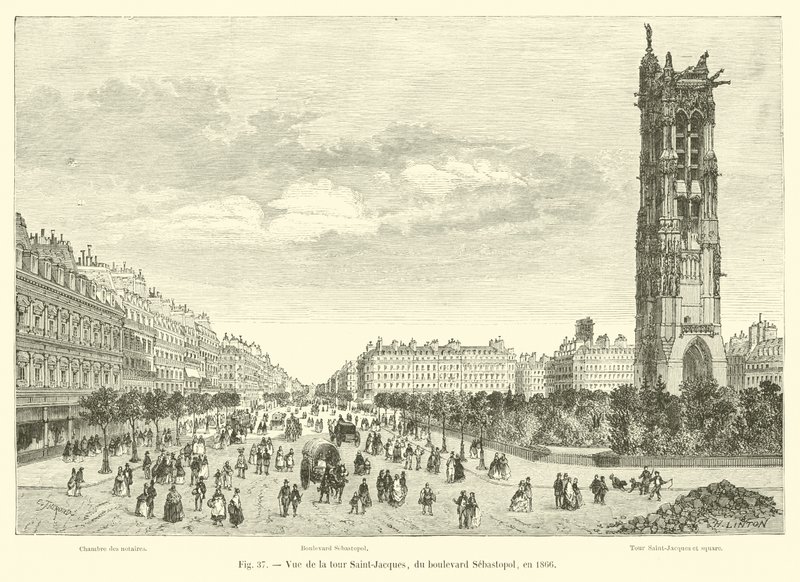 Zicht op de Saint-Jacques toren, vanaf de boulevard Sébastopol, in 1866 door French School