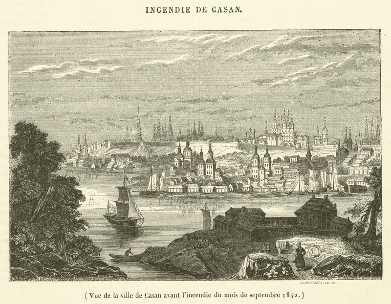 Gezicht op de stad Casan voor de brand in september 1842 (gravure) door French School