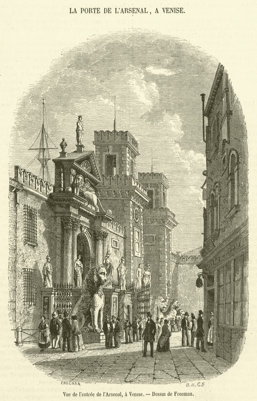 Uitzicht op de ingang van het Arsenaal, in Venetië door French School