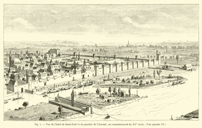 Uitzicht op het hotel van Sint-Paul en de wijk van het Arsenaal, aan het begin van de 15e eeuw door French School